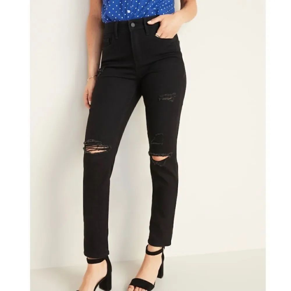 Old Navy Black Distressed Slim Straight High Waist Jeans Size 0 - Picture 2 of 9